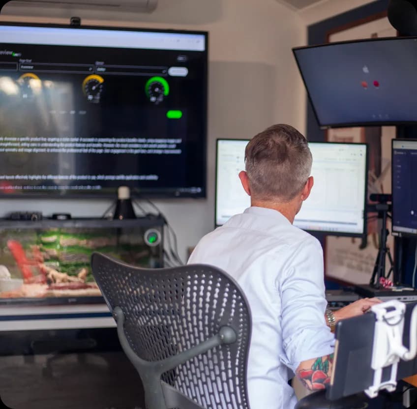 six2eight CEO working at a multi-monitor workstation setup